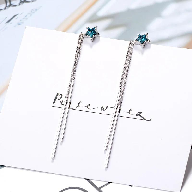 Personality Female Earring  Sterling Silver Asymmetric Blue Star Long Tassel Ear Line Earrings for Women Wedding  Gift