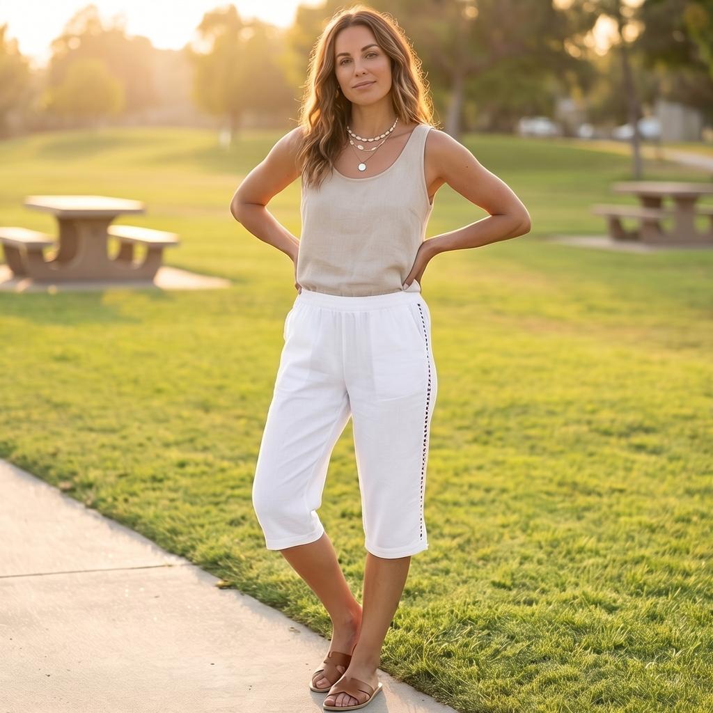 Ladies' Casual And Fashionable Side Hollow Splicing Straight Leg Five Quarter Pants