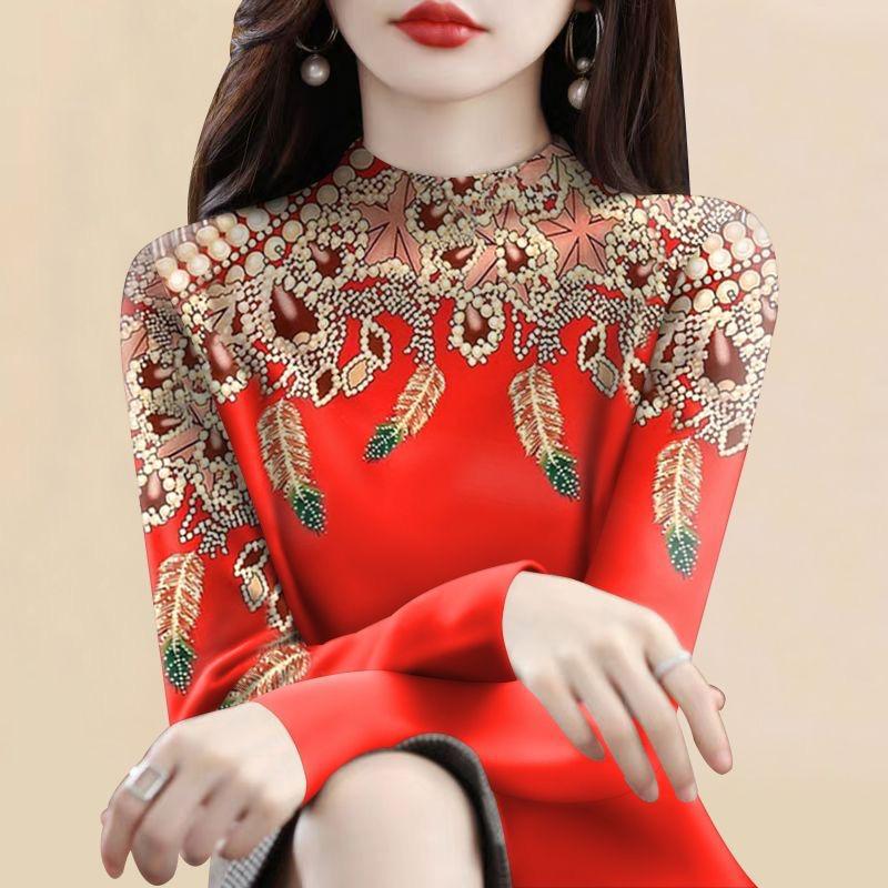 Women's Plus Size Fleece Lined Semi-High Neck Long Sleeve T-Shirt