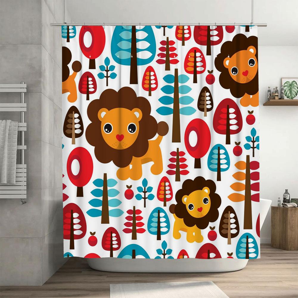 Playful Lion Forest: Whimsical Animal and Tree Pattern Shower Curtain for a Fun and Vibrant Bathroom Décor