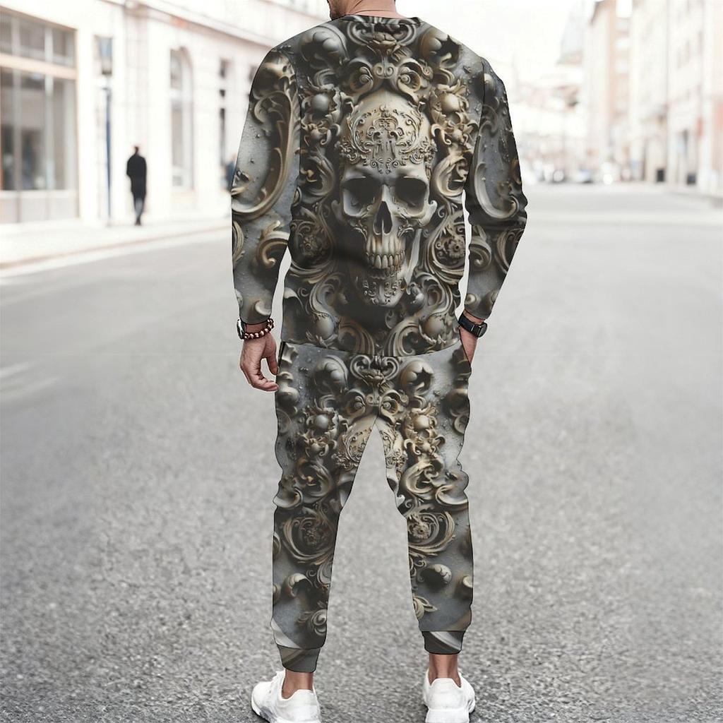 Men Purple Lace Background Skull Purple Rose Print Long Sleeve Sweatshirt And Jogger Pants Two Piece Outfit
