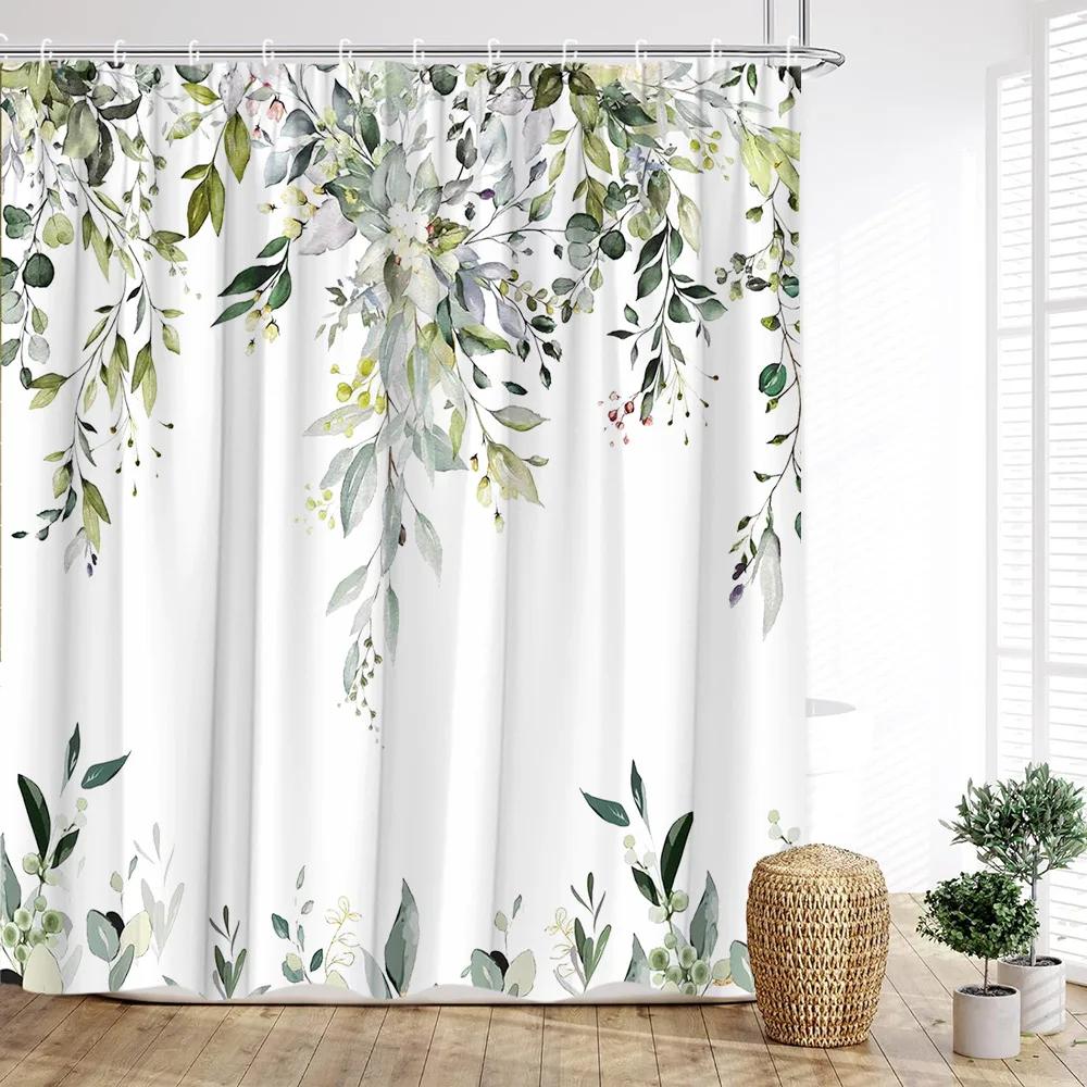 Sage Green Eucalyptus Shower Curtain, Watercolor Plant Floral Eucalyptus Leaves Fabric Shower Curtains Spring Bathroom Decor Set