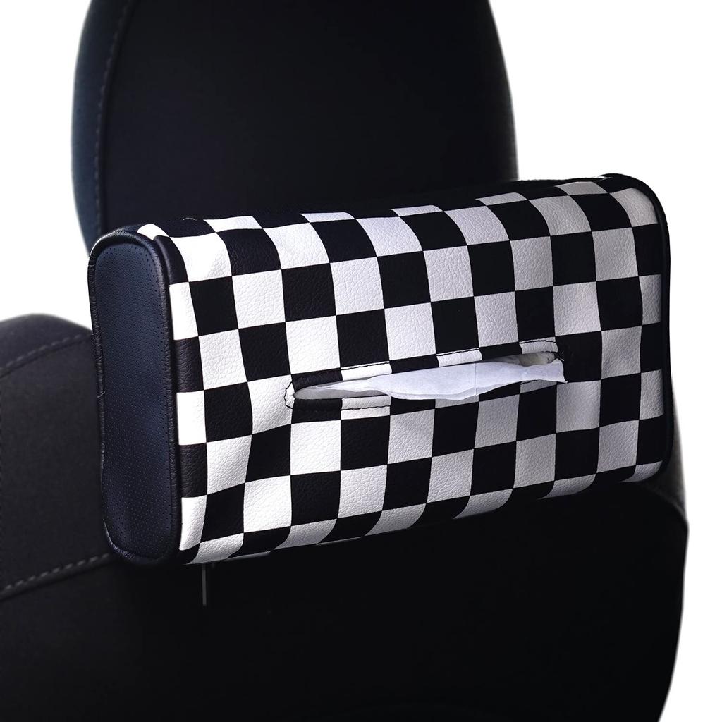 SKYBELL Tissue Case, Car, Mini Cooper, Bmw Mini Compatible, Accessories, Headrest, Hanging, Leather, Convenient Goods (Checker)