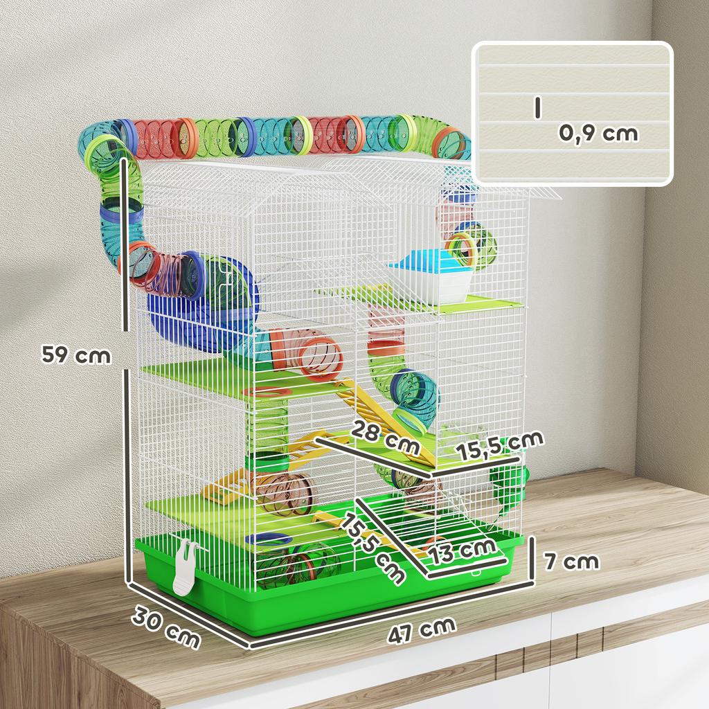 Cage for Hamsters, Mice, and Small Rodents with Tunnel, Feeder, Wheel, and Toy, 47 X 30 X 59 Cm, Green