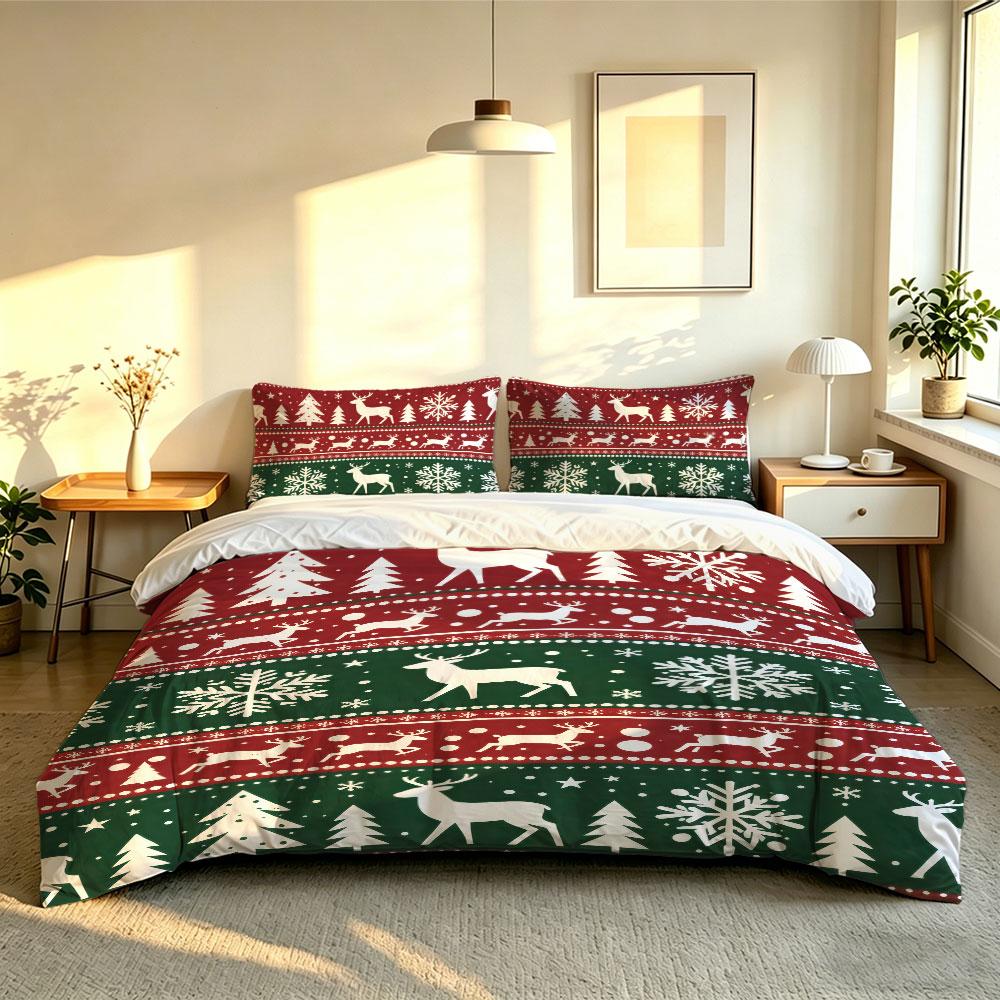 Christmas Duvet Cover Set 3Pcs Nordic Knit Reindeer Snowflake Tree Print Soft Microfiber Bedding with Pillowcases Decor