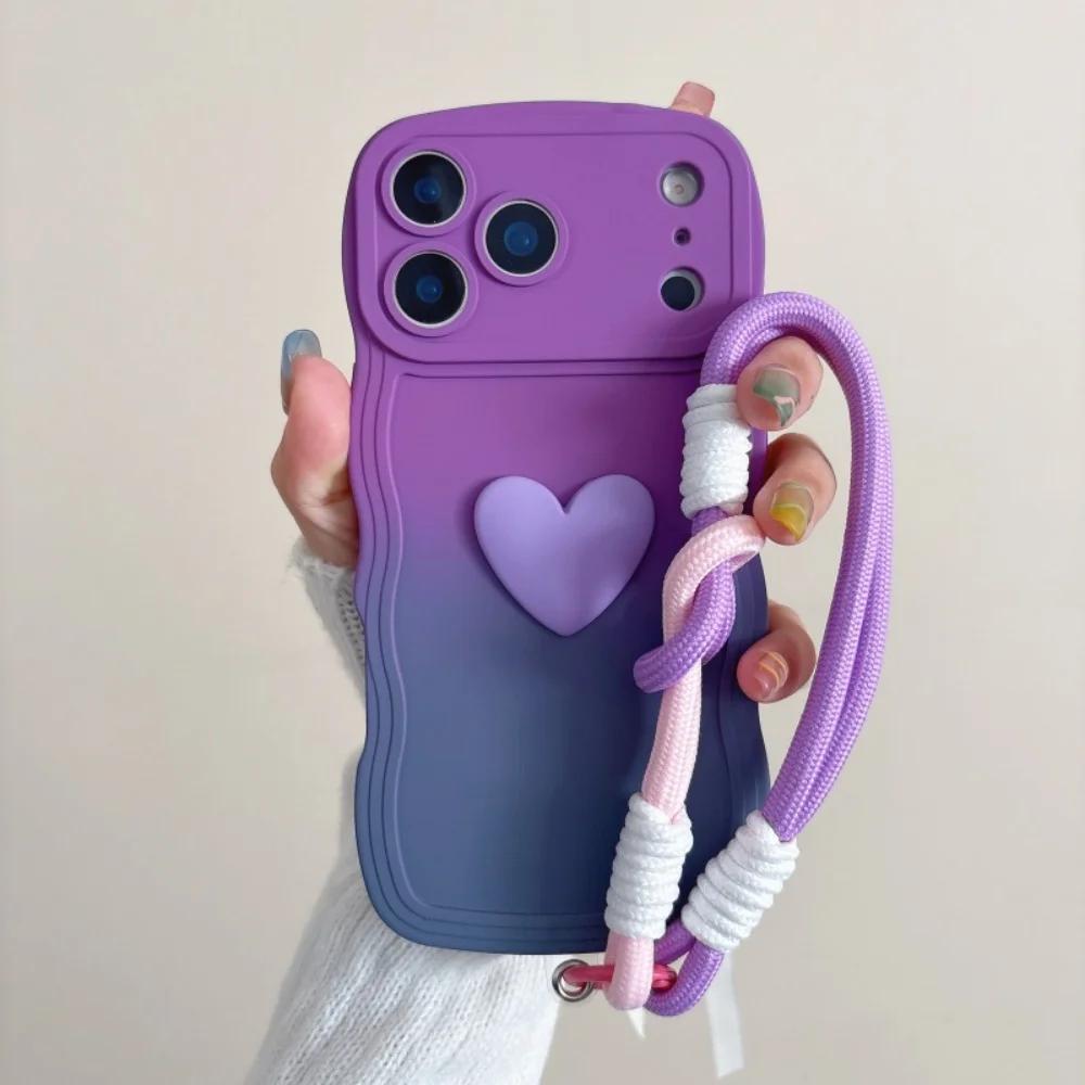 Gradient Color Wave Wrist Strap Case for IPhone 17 Pro Max Air 16 14 15 Plus 12 13 11 X XR XS Lanyard Love Heart Soft TPU Cover