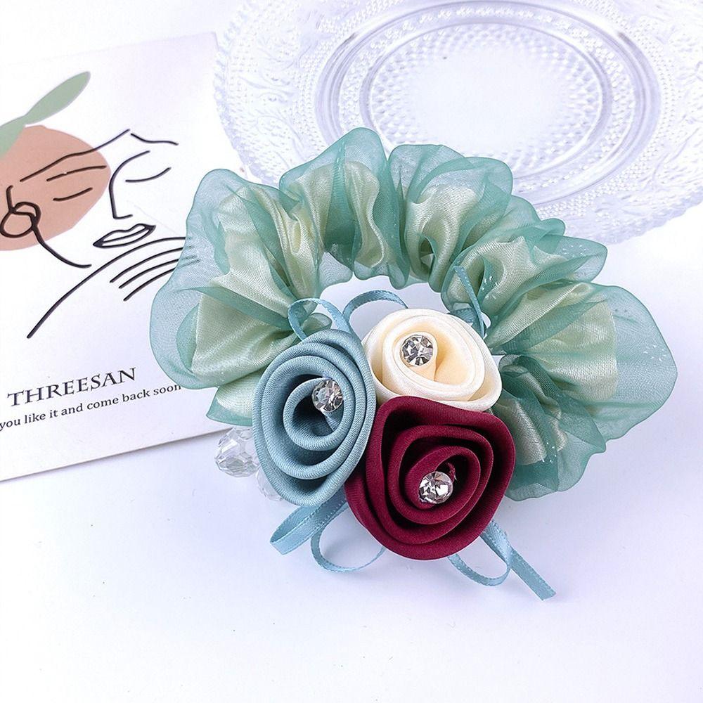 Headwear Beaded Hair Bands Flower Mesh Scrunchies Women Hair Ties Hair Rubber Bands Double Layer