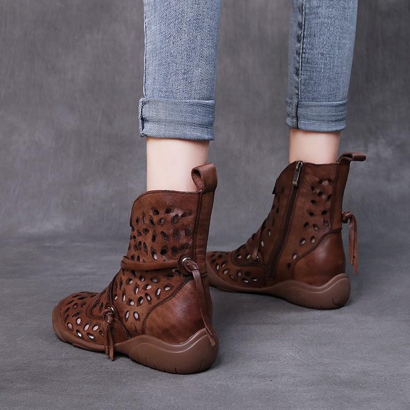 Johnature Ethnic Style Summer Boots Retro Genuine Leather Hollow-out Soft Sole Breathable Women's Shoes