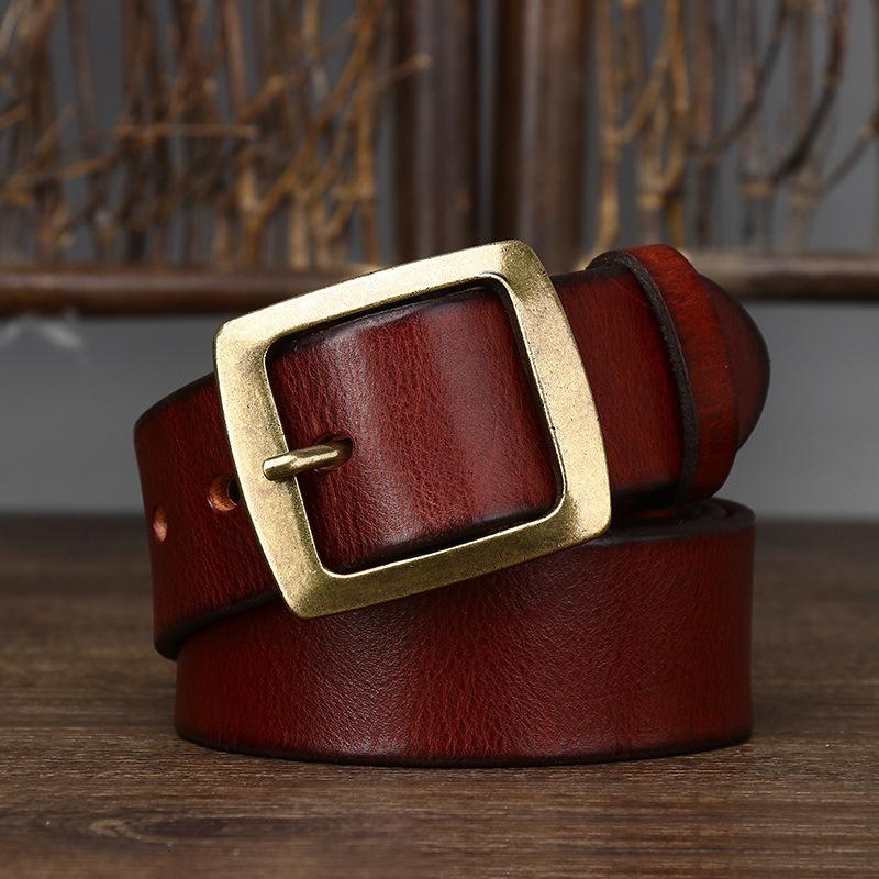 3.8cm Width Thick Retro Cowhide Genuine Leather Belt for Men Solid Brass Copper Pin Buckle Belts Male Strap for Jeans