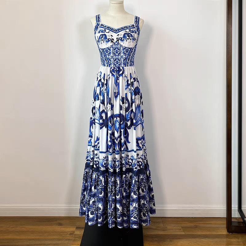 

Ретро Богемное Платье Свободного Кроя с Принтом - Летний Длинный Сарафан Оверсайз на Бретелях для Женщин Small синий