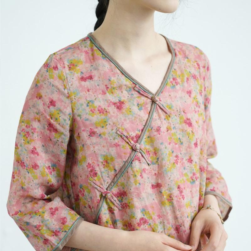 Johnature Women Vintage Dress V-Neck Print Floral Button Dresses Summer Chinese Style Female Dress