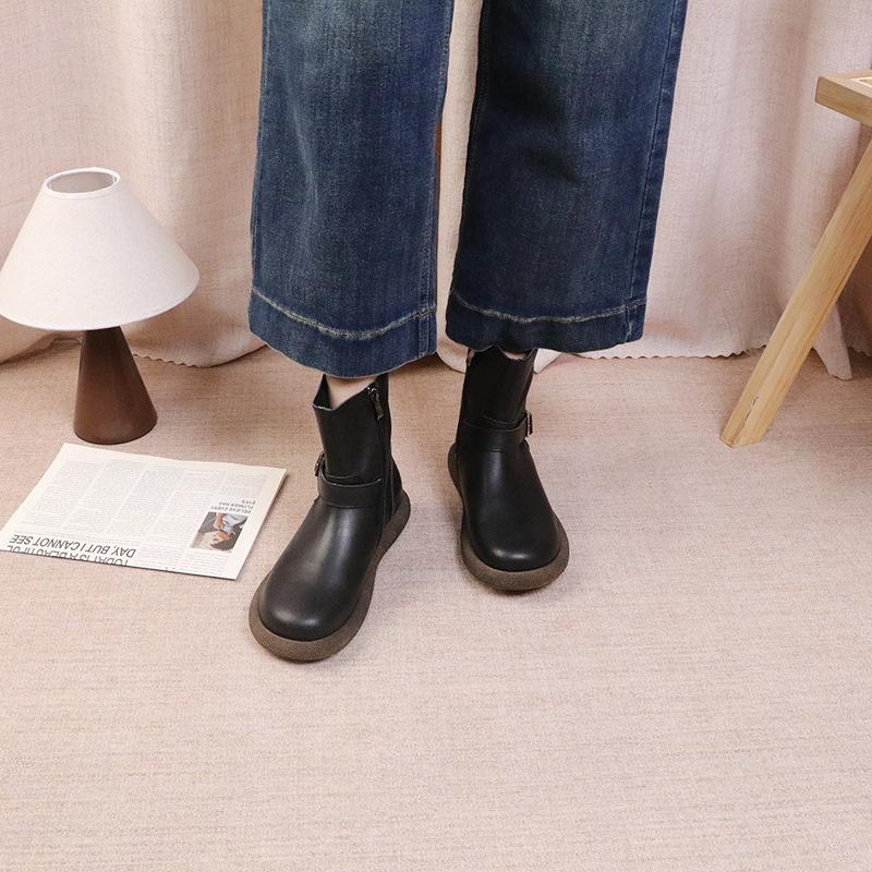 Johnature Retro Klamra Paska Skóra Naturalna Krótkie Botki Okrągły Nosek Boczny Zamek Płaska Podeszwa Damskie Botki