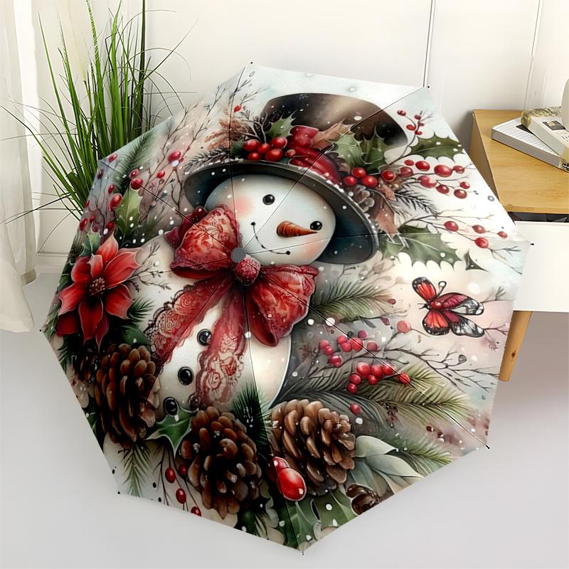 1pc Christmas Snowman Automatic Practical Umbrella Design, Cute Cartoon Pattern, Portable Outdoor Umbrella, Perfect A022