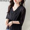 MODIQUE Sommer Übergröße Damen Baumwolle Leinen Chiffon Bluse Hemden Uni Sommer Mäntel Oversize V-Ausschnitt Halber Ärmel Knöpfe