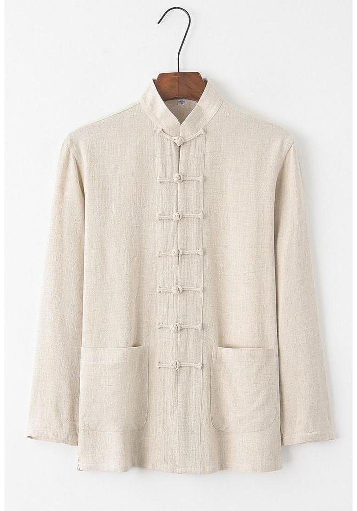 Men's Retro Chinese Style Tang Suit - Cotton and Linen Long-Sleeved Zen Top for Tai Chi.