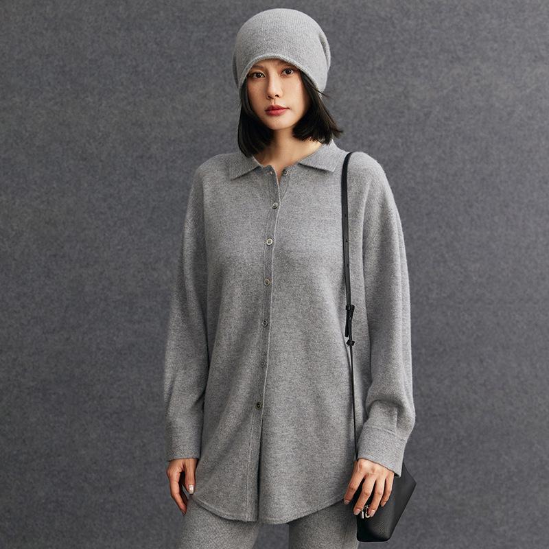 Women's Mid-Length Cashmere Cardigan Sweater - Autumn/Winter Style with POLO Collar