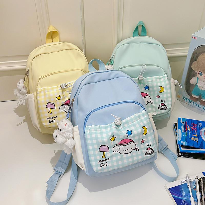 Casual Student Backpack With Dog Star Moon Desk Lamp Checkered Pattern For Girls Travel And School