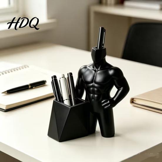 Desk Organization Supplies 3D Printed Muscular Man Pen Holder Creative Pencil Organizer with Dual Body Statue Slots Cool Decor for Office