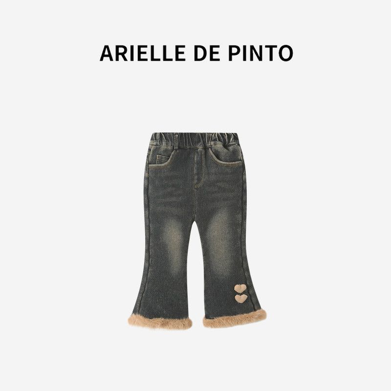 French Arielle De Pinto Girls  Pants Winter Clothing Girls  Fleece-Lined Thickened Denim Flared Pants Denim Fleece Flared Pants 90cm