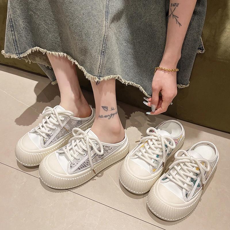 Mote 2024 Dameslippers Sandaler Botou Mueller Sko Sommer Tykke Såler Mote Lær Instagram Pop Sko Flip-flops Damesneakers