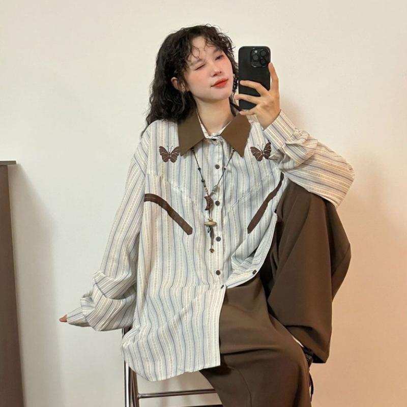 Striped Women's Shirt Brown Turn-Down Collar Chest Bow Print Two Diagonal Stripes Spliced Long Sleeved Blouse Spring New Style Loose Retro Woman Top