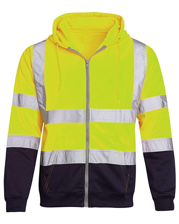 Fleece-lined Outdoor Sanitation Workwear Men's High Visibility Reflective Strip Zipper Color Blocking Hooded Sweatshirts