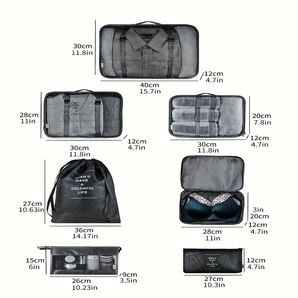Set de bolsas de almacenamiento de viaje de siete piezas, equipaje, bolsa organizadora de ropa, bolsa de clasificación y almacenamiento para ropa interior y de viaje