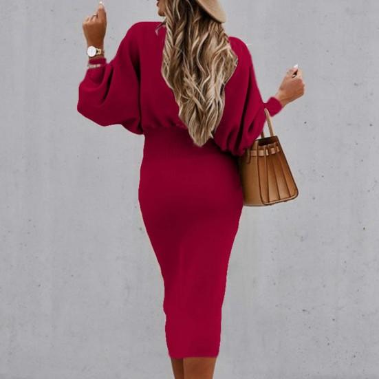 O-Neck Waist Tight Bodycorn Dress High Waist Elegant Long Lantern Sleeve Office Dress Female Clothing