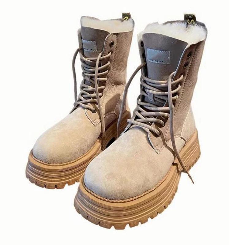 Flats Platform Mid Calf Women Boots Winter 2025 Trend Women Shoes Retro Suede Lace Up Fashion Short Plush Warm Gladiator Boots