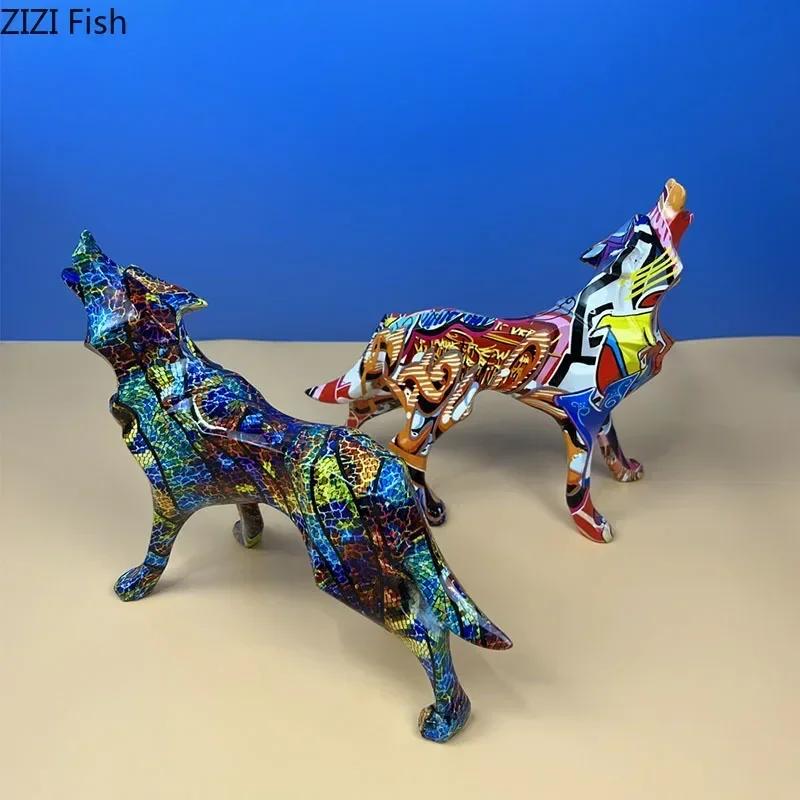 Colorful Graffiti Wolf Sculpture Desk Decoration Painted Crafts Animal Statue Ornaments Modern Home Decor Colorful Graffiti Wolf