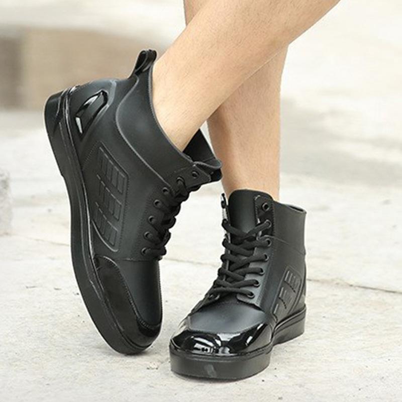 Fashion Rain Shoes Men's Rainboots Waterproof  Men Rain Boy Water Shoes Rubber Black Ankle Boots Lace-Up Shoes for Mens Boots