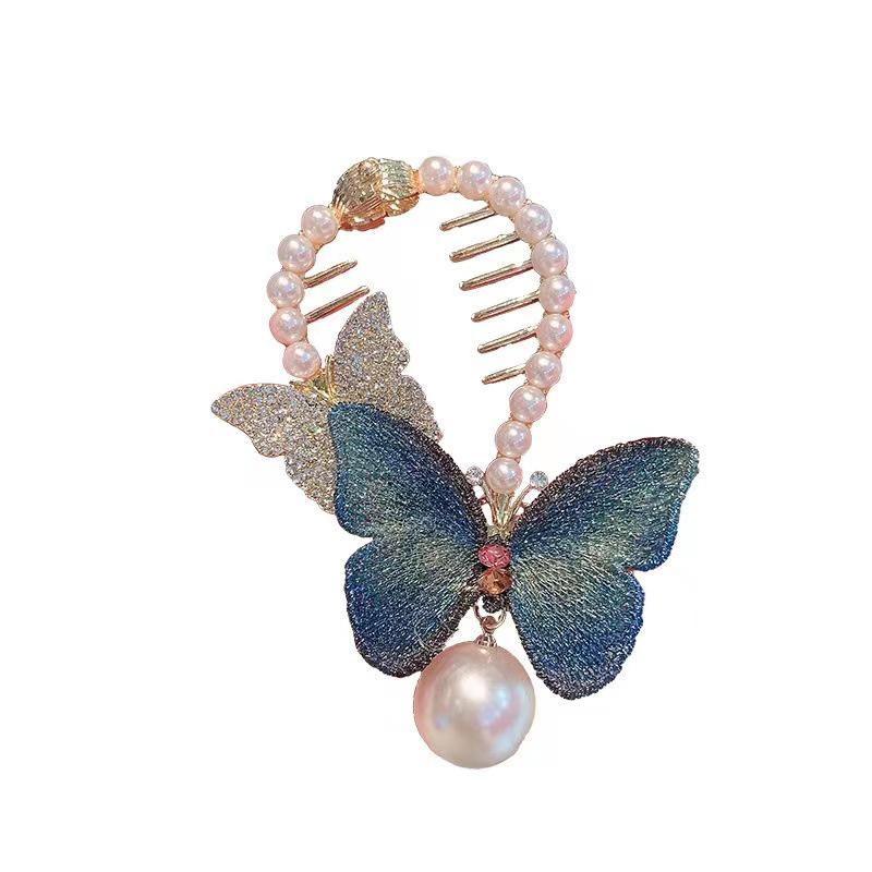 Gradient Blue Butterfly Pearl Ponytail Hair Clip - Women's Retro 2023 Comb & Grab Clip