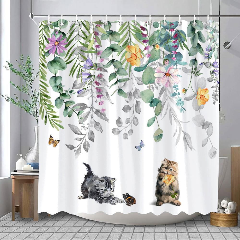 

Funny Animals And Potted Plants Printed Shower Curtain Tropical Plants Leaves Art Creative Fabric Shower Curtains Bathroom Decor W60H190(CM)-1 Pcs