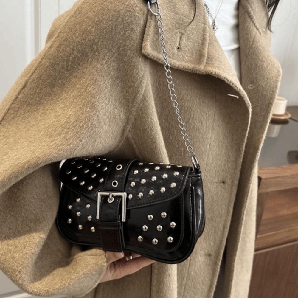 Trend Y2K Rivet Shoulder Bag Retro Spicy Girl Vintage Underarm Bag Fashion Pu Leather Motorcycle Bag Girls