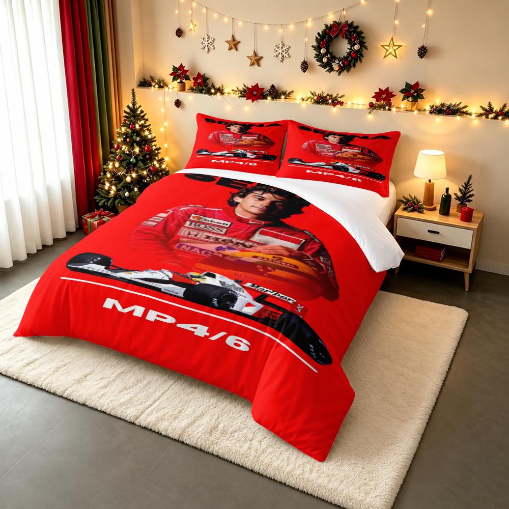 Ayrton Senna MP4/6 Renn-Bettwäsche-Set (1 Bettbezug, 2 Kissenbezüge, Bettdecke nicht enthalten) für Spielzimmer Man Cave Dekoration, Formel 1 Legende Kunstdruck