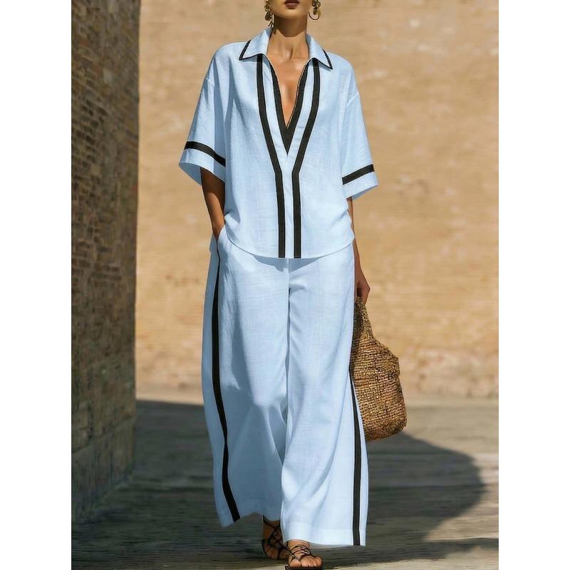 MGHR Women's Fashion Spring Autumn Casual 3/4 Sleeves POLO Neck Pants Suits
