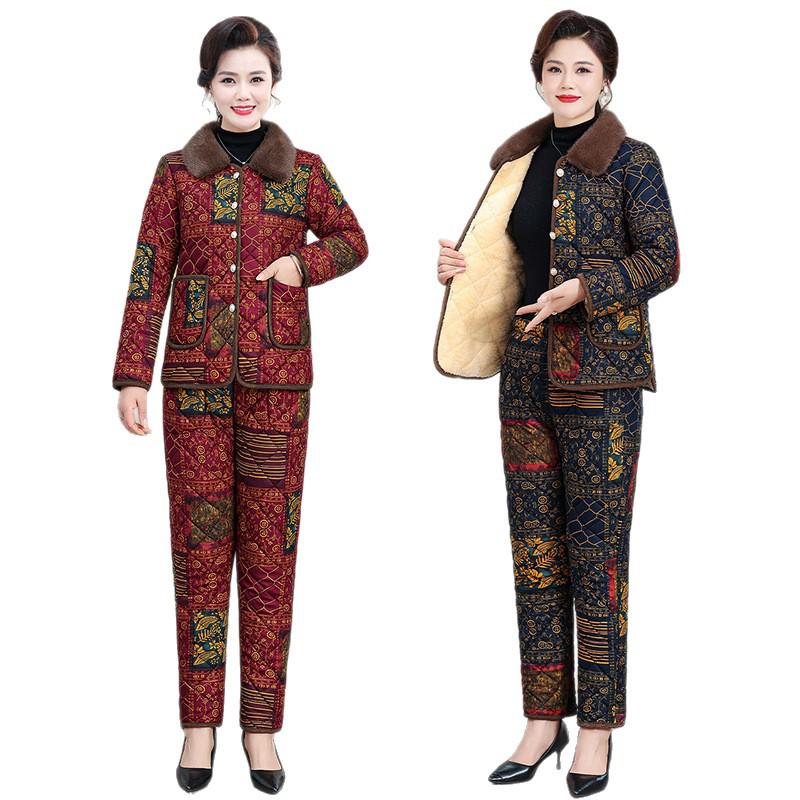 Velvet-Lined Winter Cotton Coat & Pants Set for Moms