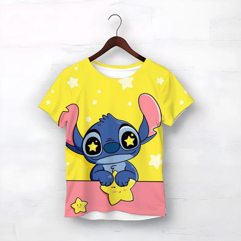 MINISO Disney Cartoon Cute Stitch Print Baby Clothing 3 To 14 Years Male Outdoor Clothes Boys Clothes Girls T-shirt Teen Top Shirts
