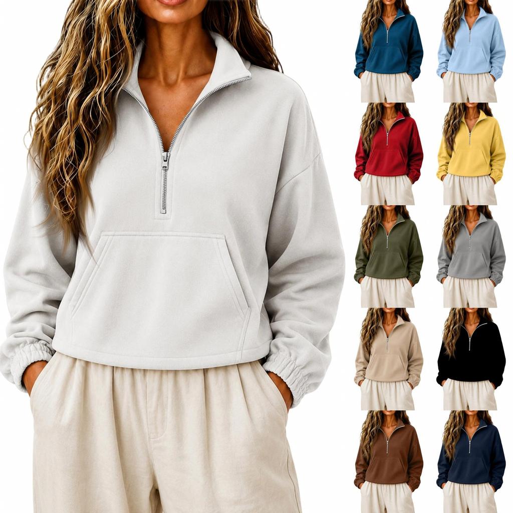 Women's Casual Half Zip Stand Collar Crop Hoodie Loose Long Sleeve with Pocket