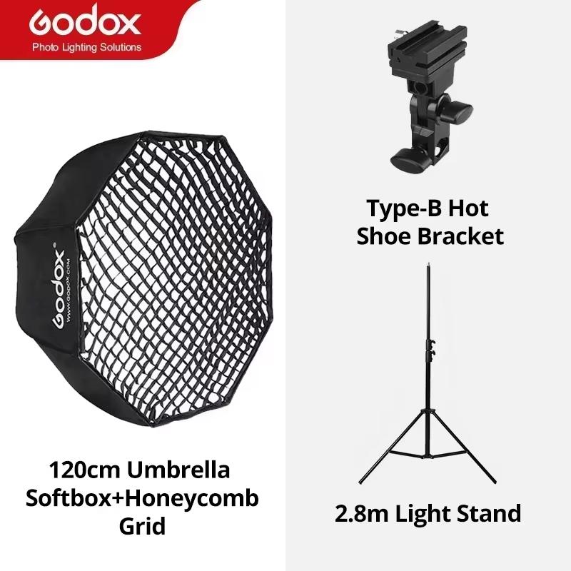 Godox Portable 120cm 47" Umbrella Octagon Softbox with Honeycomb Grid,2.8m Light Stand,Holder Bracket for Flash Speedlight