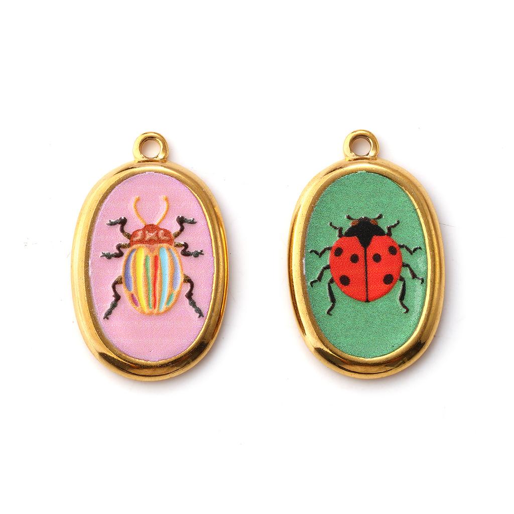 2PCs Creative 304 Stainless Steel Insect Charms For Jewelry Making 18K Gold Plated Oval Ladybug Necklace Pendant 28mm X 17.5mm