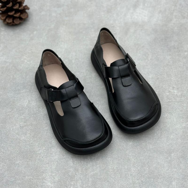 Johnature Retro Handmade Loafers Genuine Leather Women's Shoes Round Toe Casual Cowhide Women's Flat Shoes