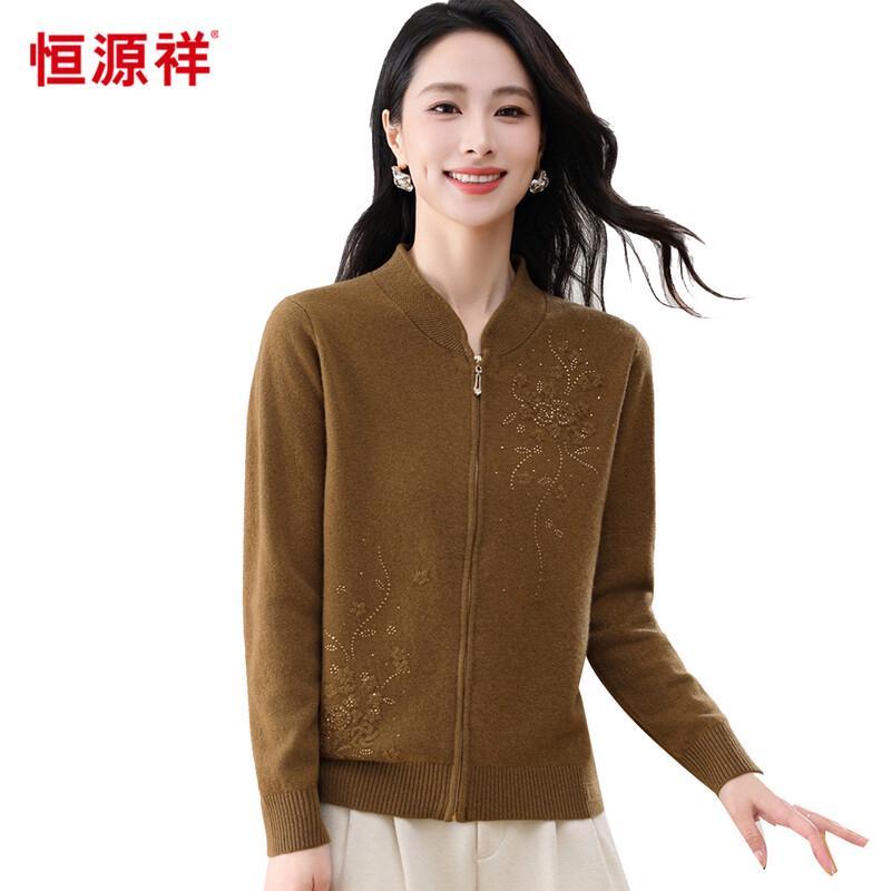Hengyuanxiang Women's 100% Wool New Chinese Style Cardigan with Rhinestones