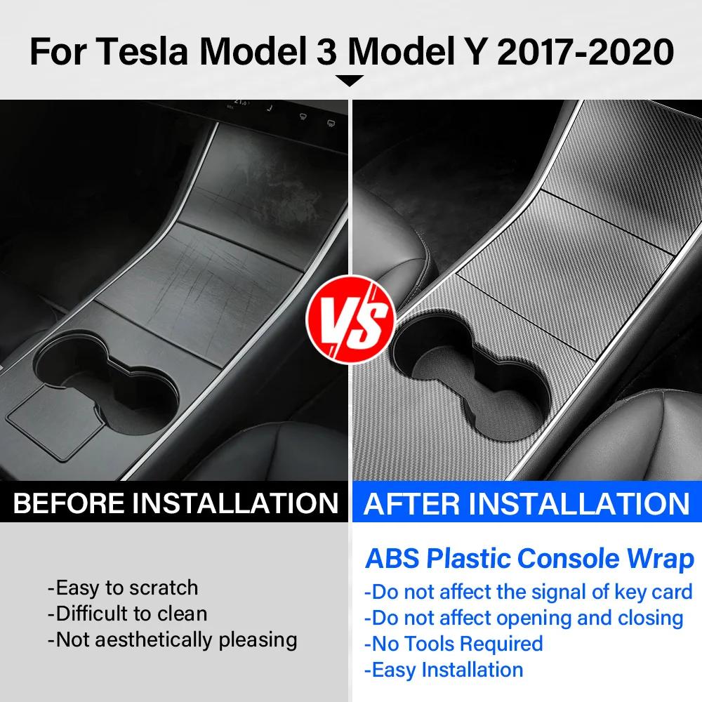 Car Center Console Carbon Fiber Textured Decorative Panel Wear-Resistant Sticker for 2017-2020 Tesla Model 3 and Model Y
