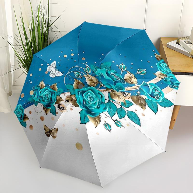1pc Blue Floral Butterfly Design Umbrella with Plastic Handle,Suitable for All Seasons Umbrellaptys26077