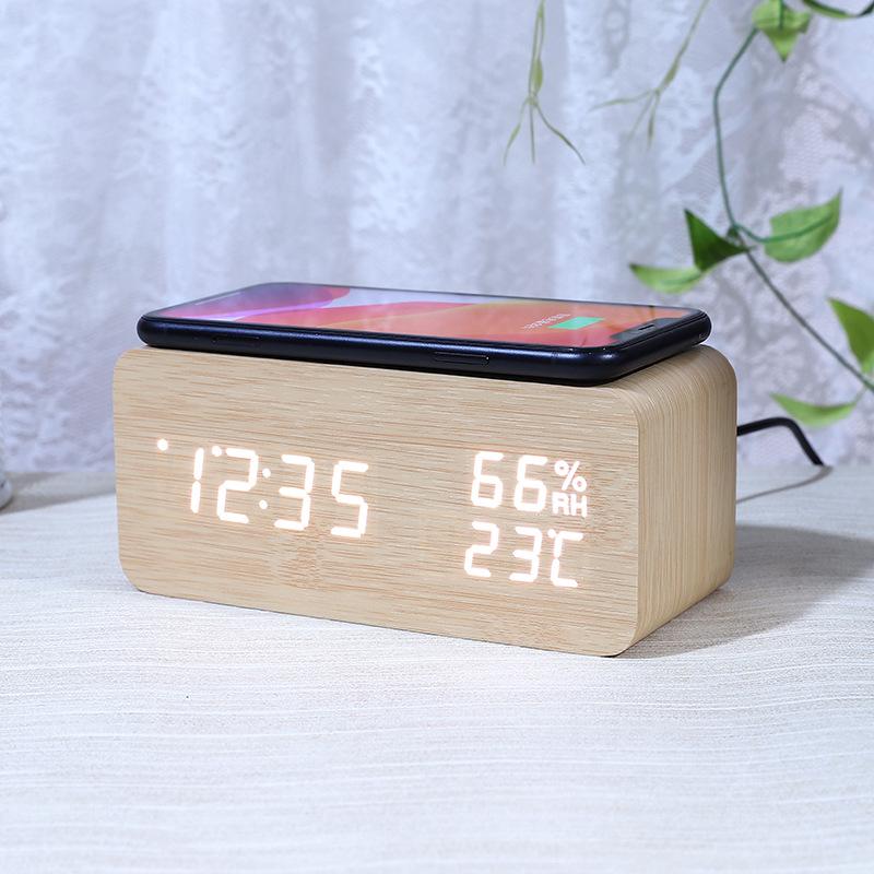 Smart Wireless Charging Clock Creative Electronic Wooden Clock Digital Wireless Fast Charging Temperature Alarm Clock