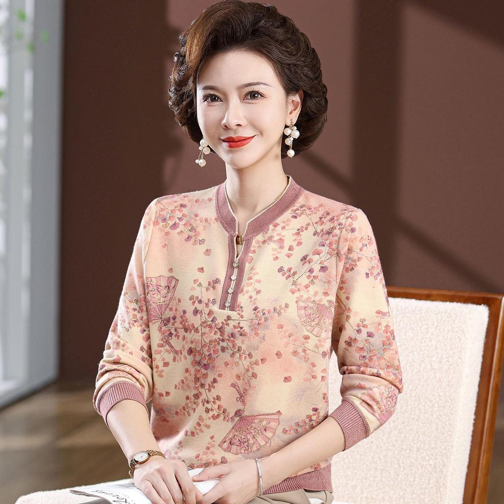 Mom's Elegant Summer Long-Sleeve Blouse - Chinese & National Style for Middle-Aged Women