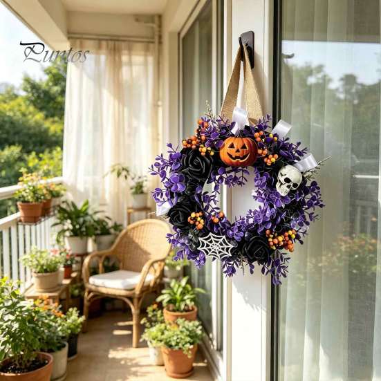 Halloween Window Decoration Wreaths for Front Door, Skull Pumpkin Wreath with Berries, Black Spooky Bat Cabin Party Props Roses, Purple Leaves Doors,