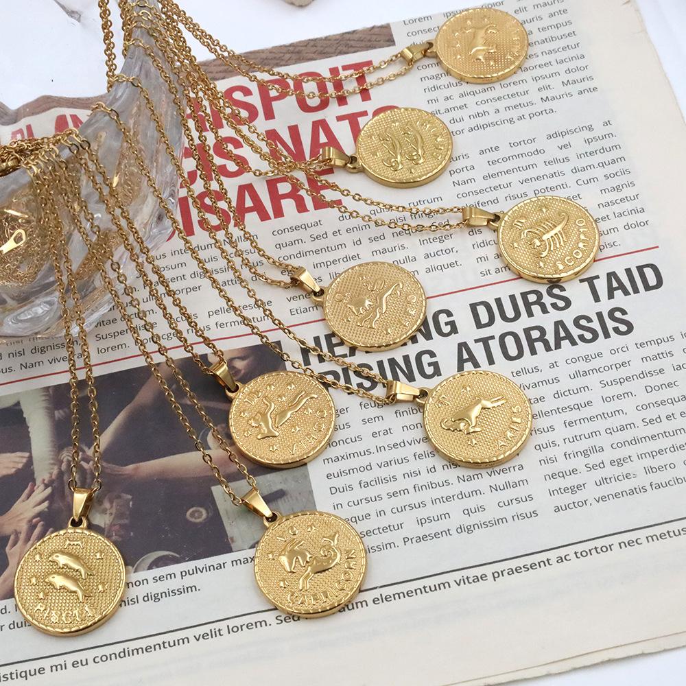 Retro Round Brand Constellation Pendant 18K Twelve Constellations Titanium Steel Necklace Women Do Not Fade Wind