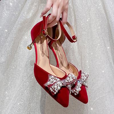 Rimocy Elegant Pearl Bow Wedding Shoes Women  Crystal Ankle Strap Thin Heels Pumps Ladies Pointed Toe Red High Heels Shoes